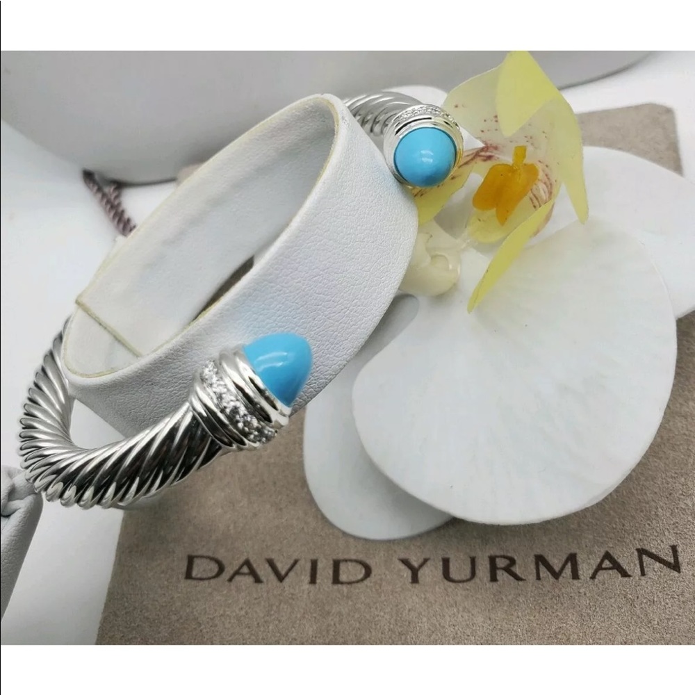 David Yurman Silver Cable Cuff with Turquoise Blue Terminals and Pave Diamonds - Picture 5 of 8
